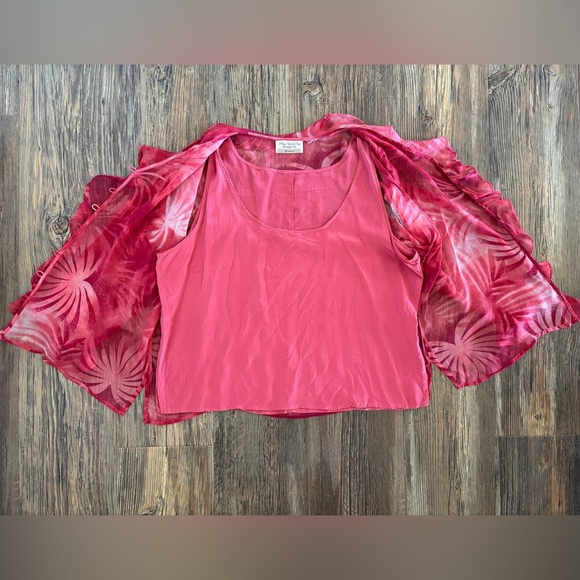 New York City Design Tropical Blouse Ruffles Pink Red White Built-in Tank No Sz - Picture 5 of 10